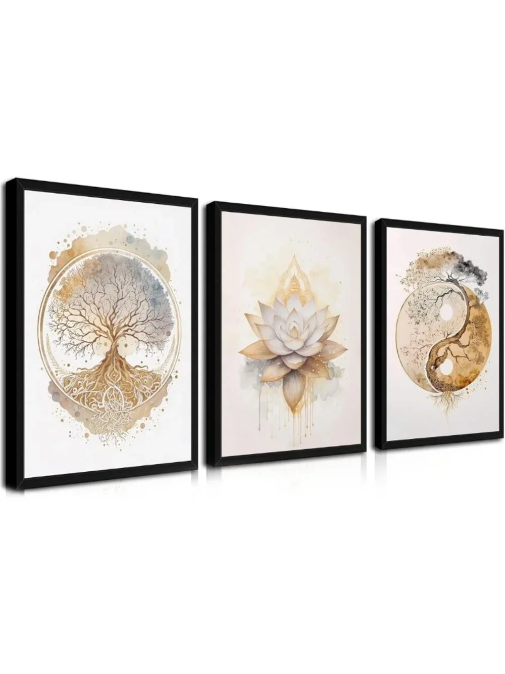 Set of 3 Modern Tree of Life Wall Art, Gold Lotus Zen Canvas Decor, Abstract Yin